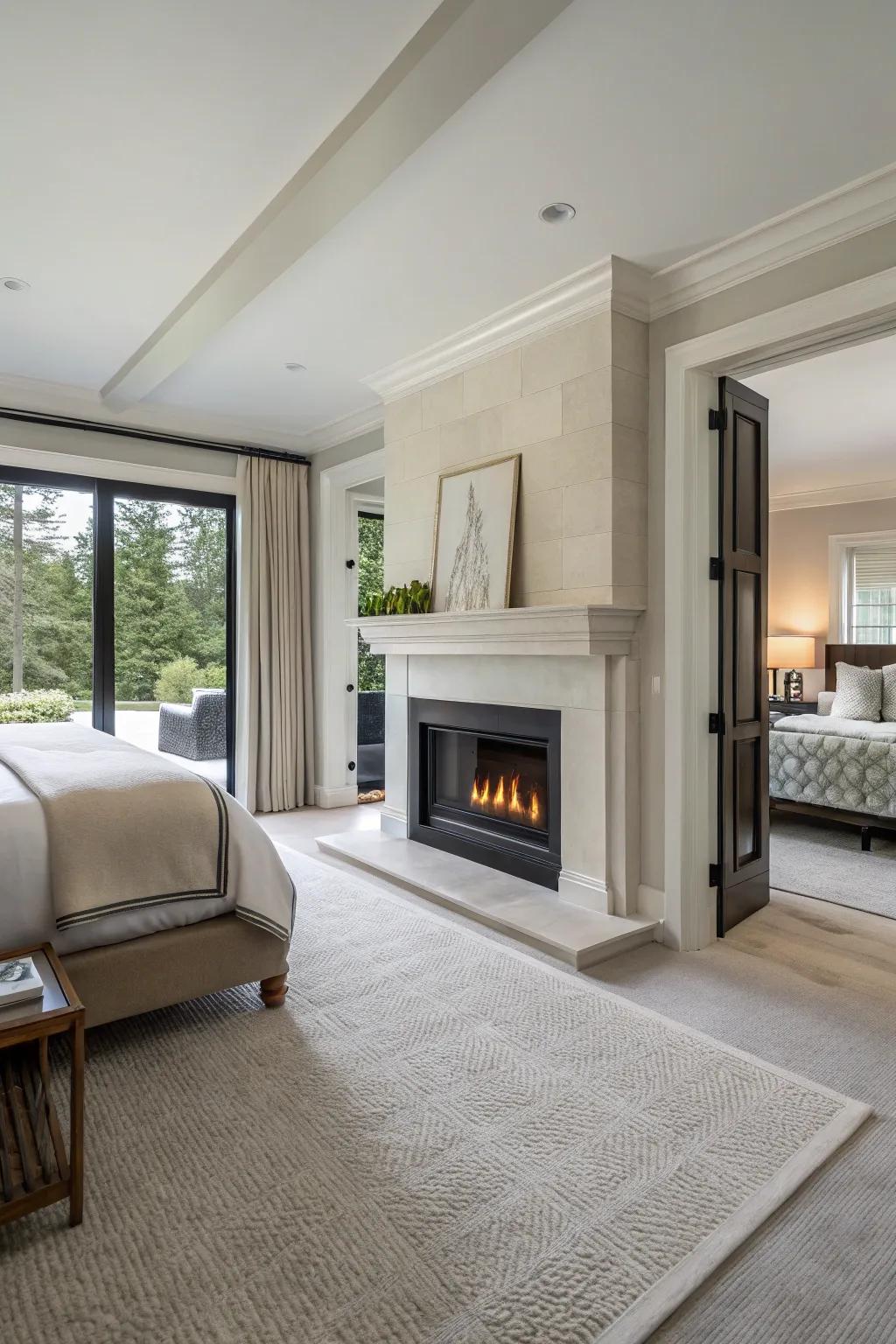 A modern minimalist hearth infuses sleek elegance into your bedroom.