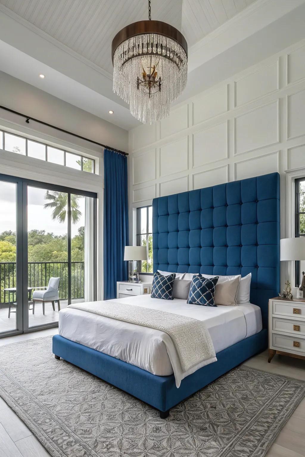 A striking hue transforms the wall behind the bed into the room's highlight.