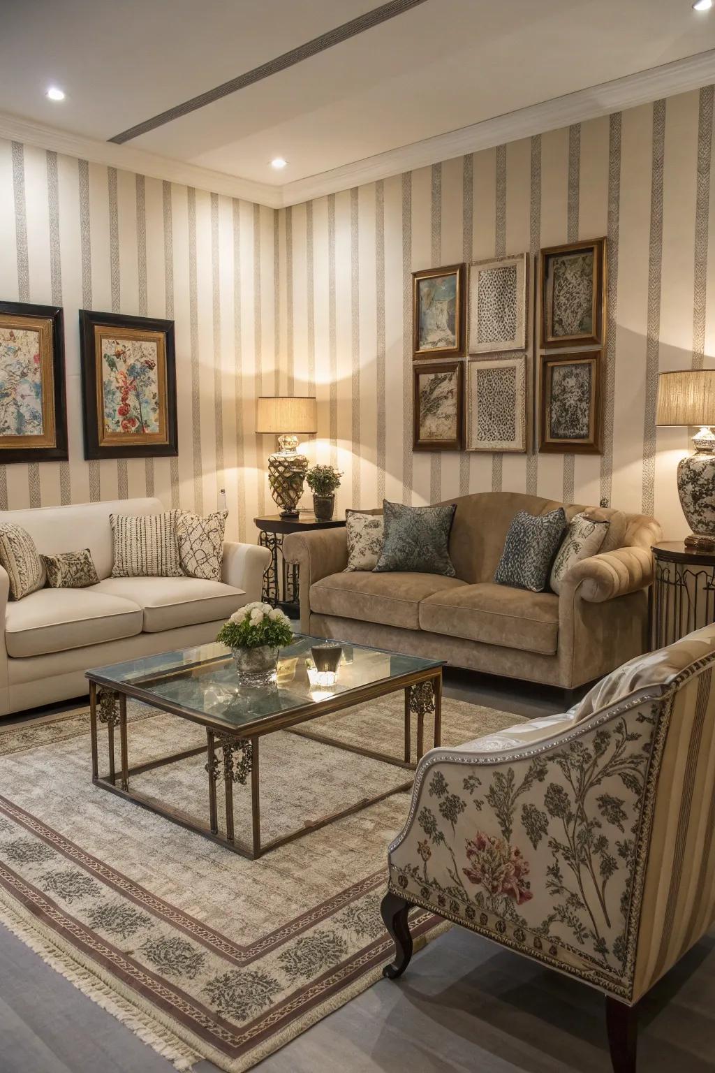 Striped wallpaper transforms a living room into a spacious haven.