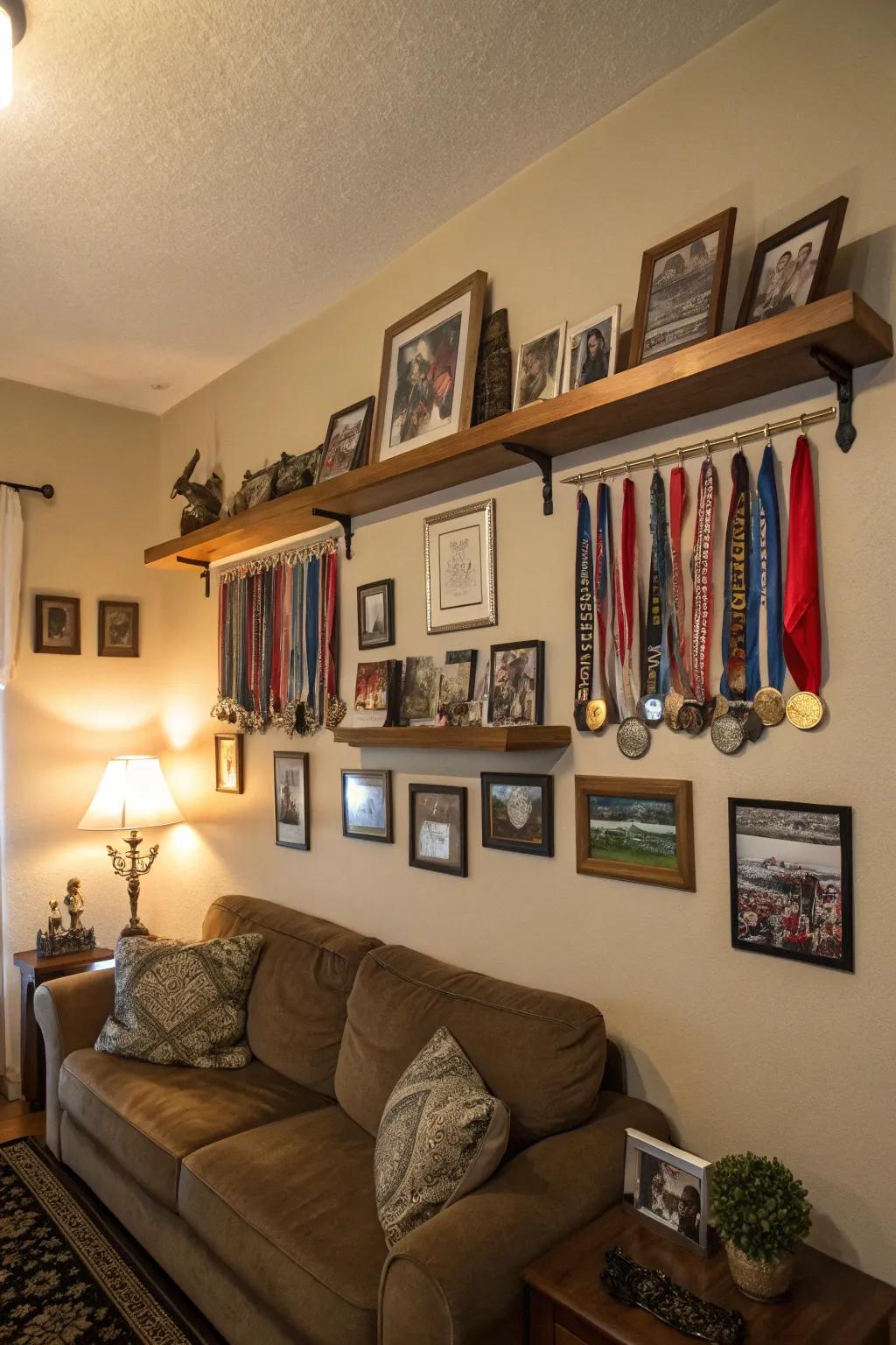 Mix shelves and hooks for a versatile medal display.