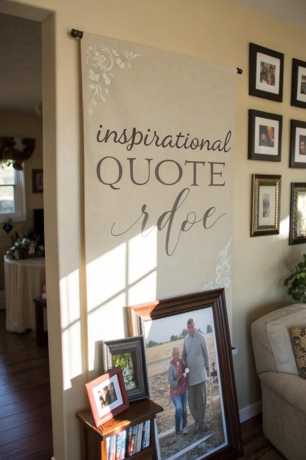 An inspirational saying artwork adding depth to a tribute display.
