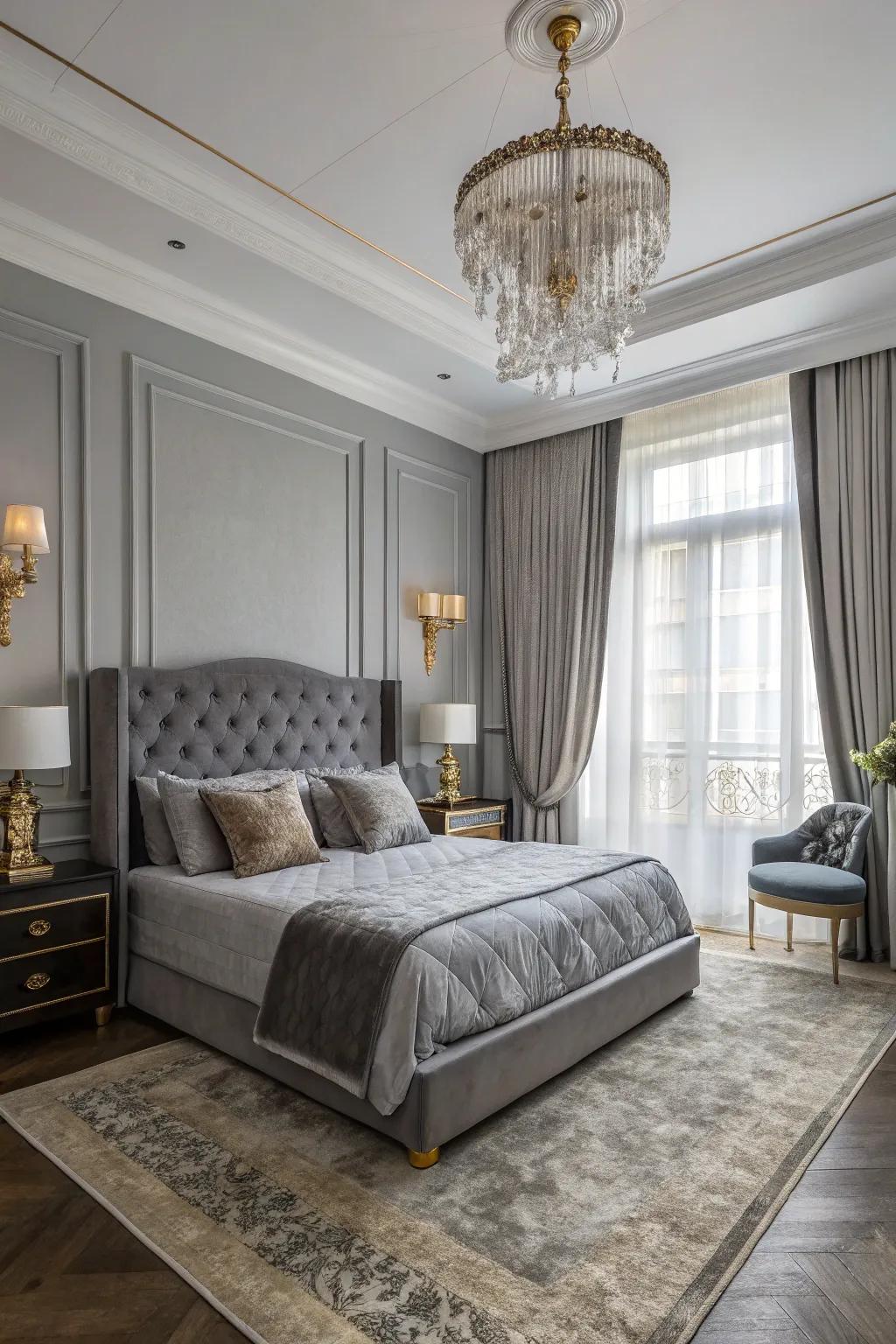 First-class hotel elegance featuring luxurious grey textiles and classy ornamentation.
