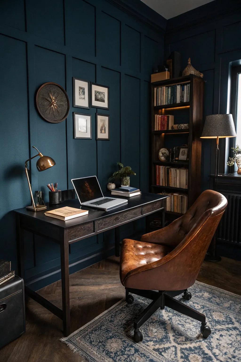 Shadowy colors enhance the depth and luxury in this workspace designed for a man.