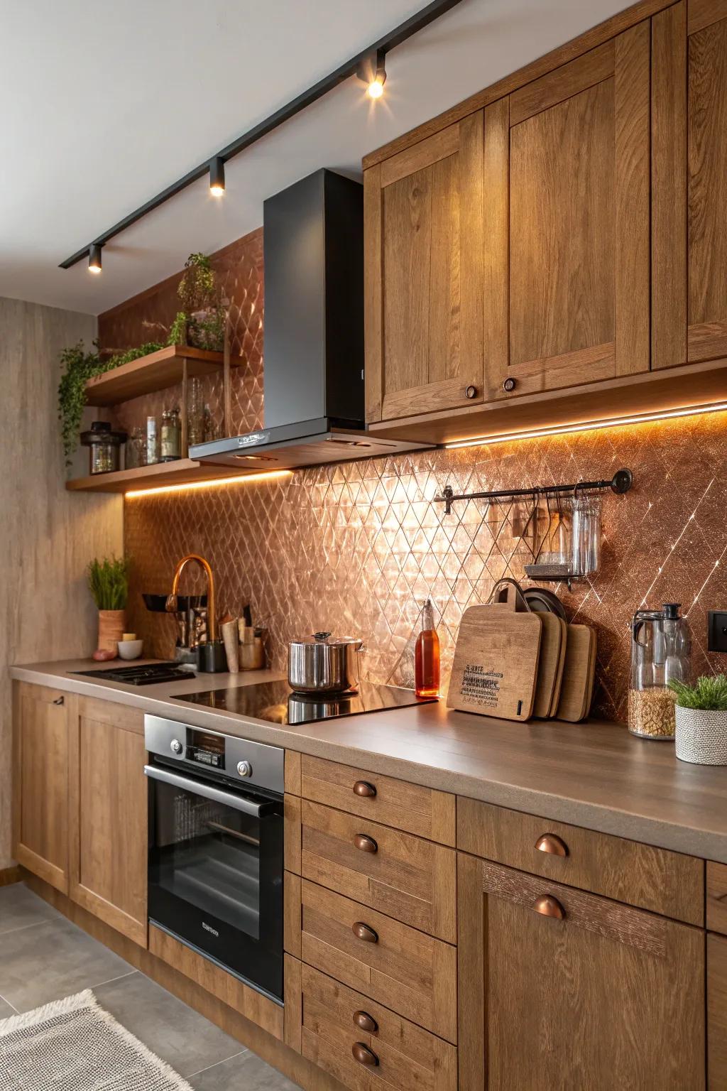 A kitchen that highlights a comforting copper metal backsplash.