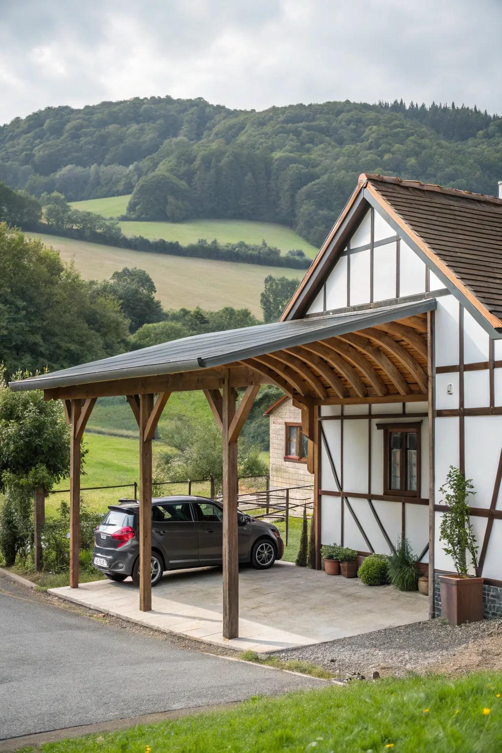 A carport with wood features combines rustic charm with contemporary functionality.