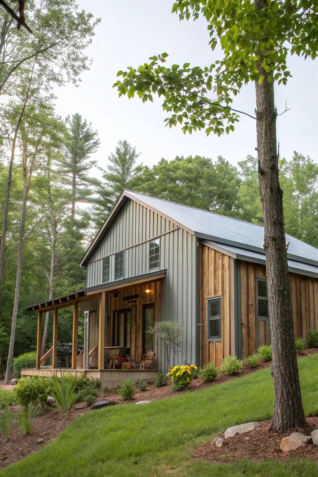 A house that magnificently combines industry metal wall cladding with countryside wooden components.