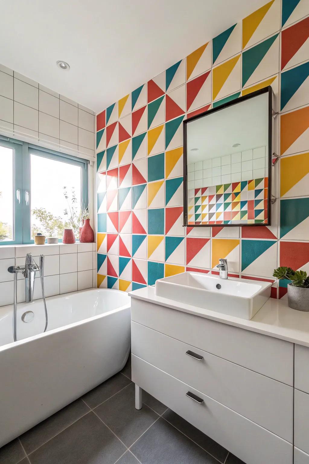 Geometric tiles bring a touch of retro flair to this bathroom space.