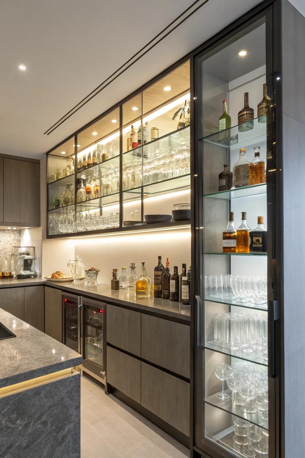 Exposed storage options artistically display drinkware and spirits, uniting aesthetic with purpose.