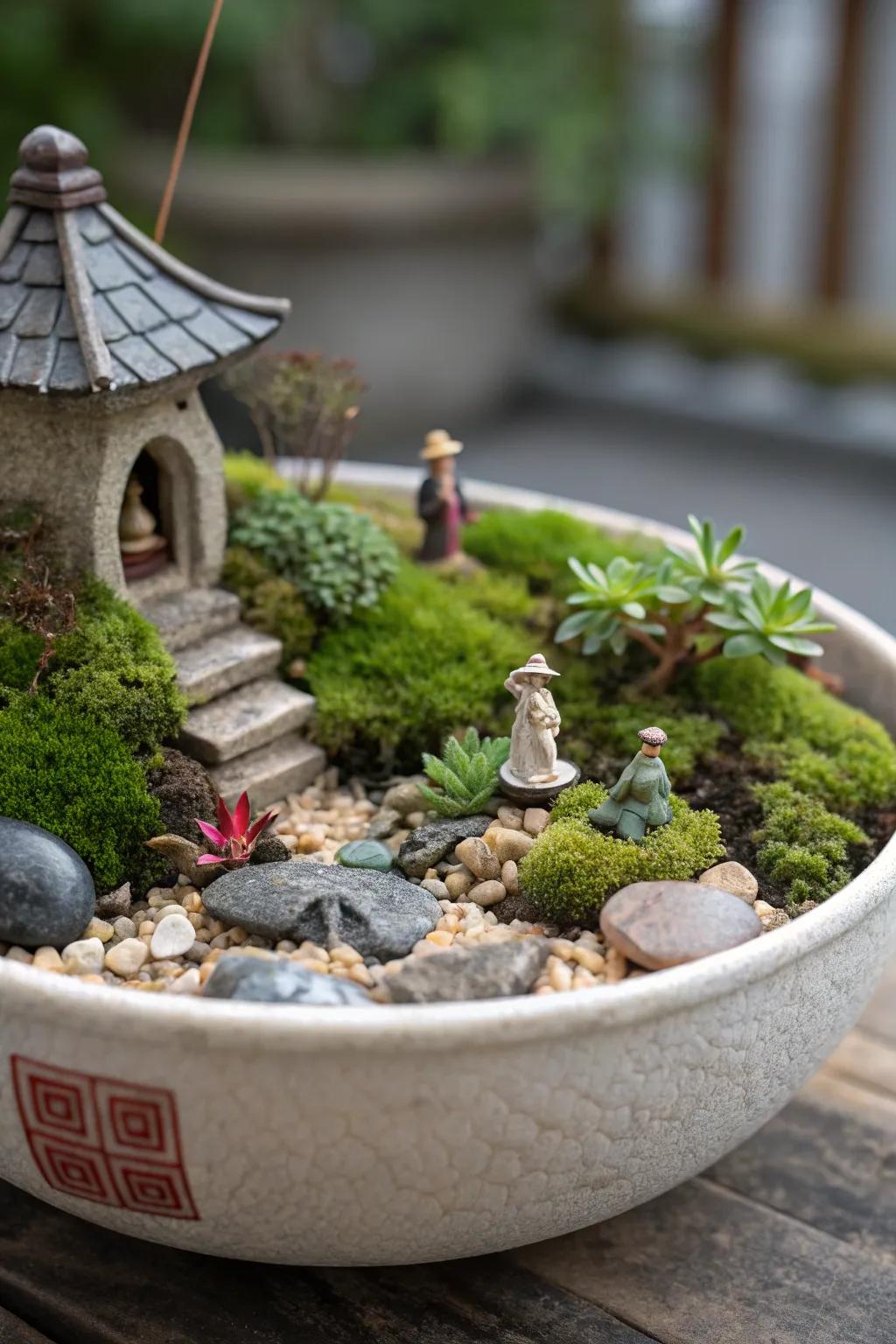 An enchanting miniature landscape showcased in a shallow dish.