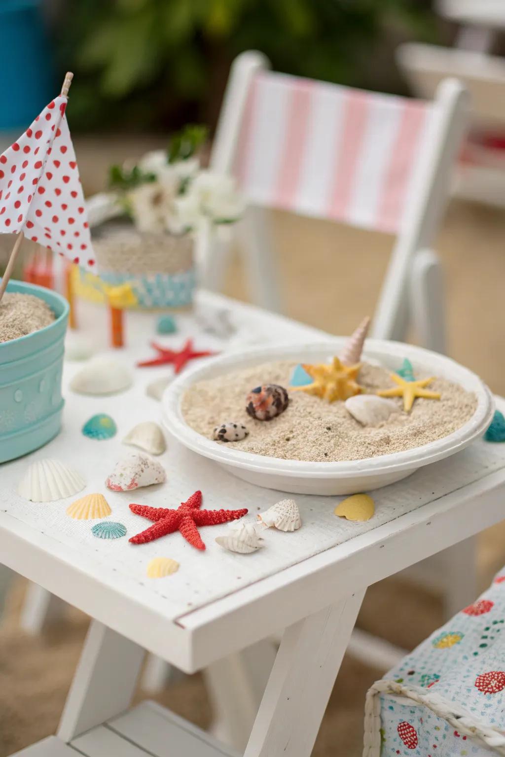 A miniature beach-themed table setting evokes a playful party atmosphere.