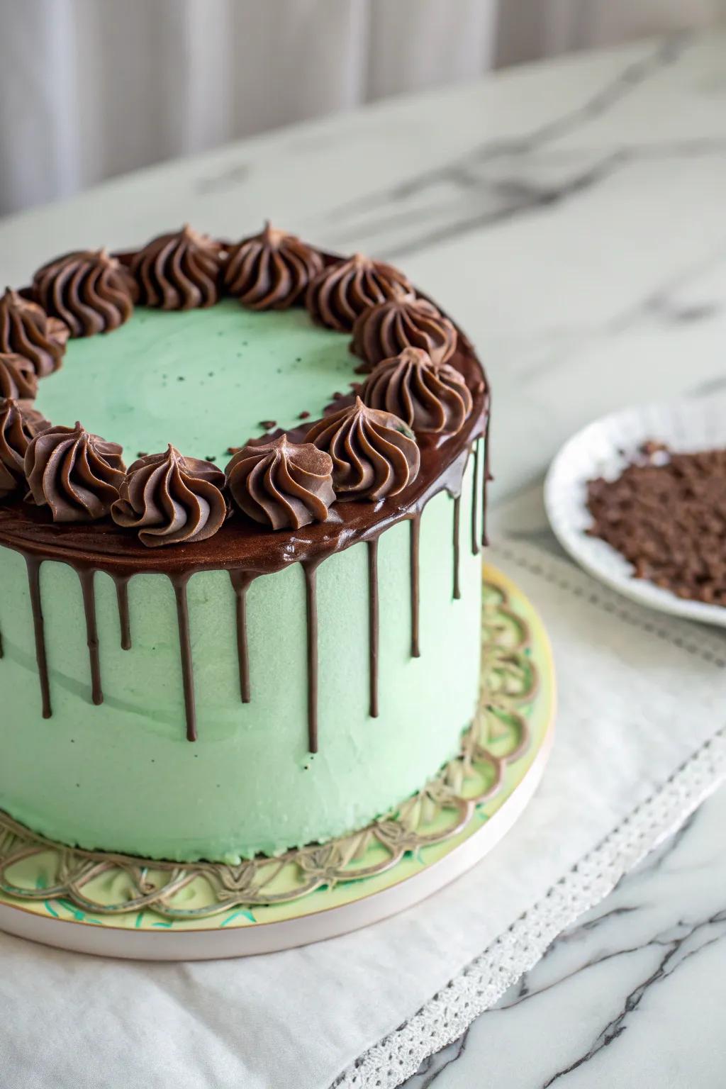 A mint green cake showcasing a chic chocolate drip aesthetic.