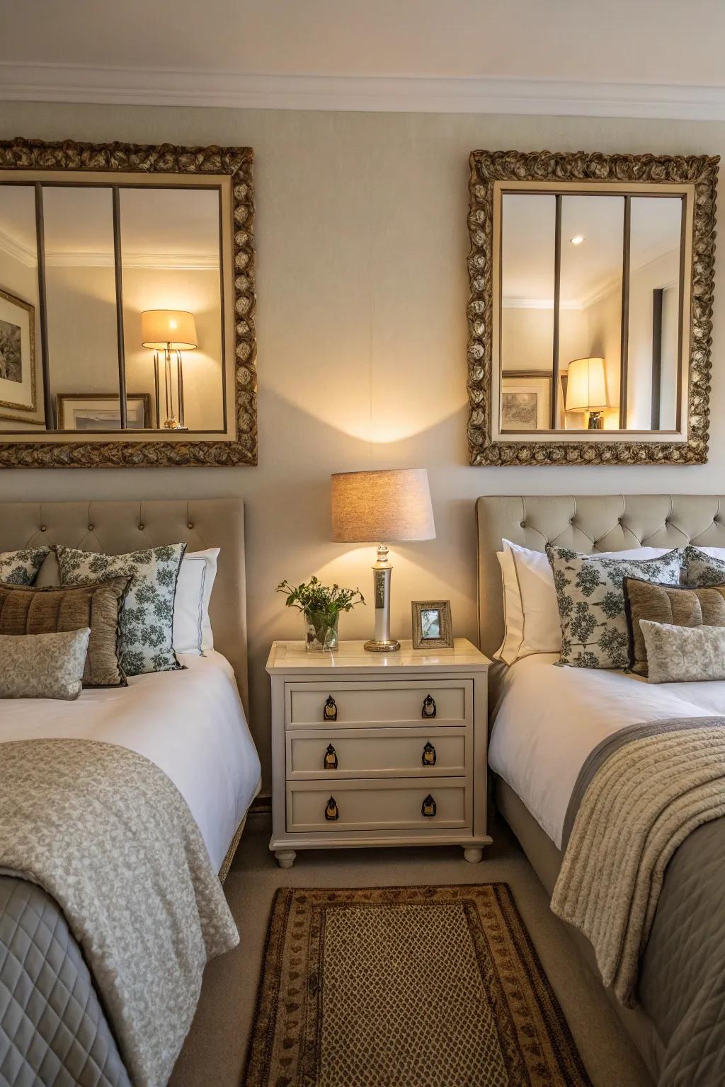 Harmonious reflectors flanking the bed generate equilibrium and symmetry.