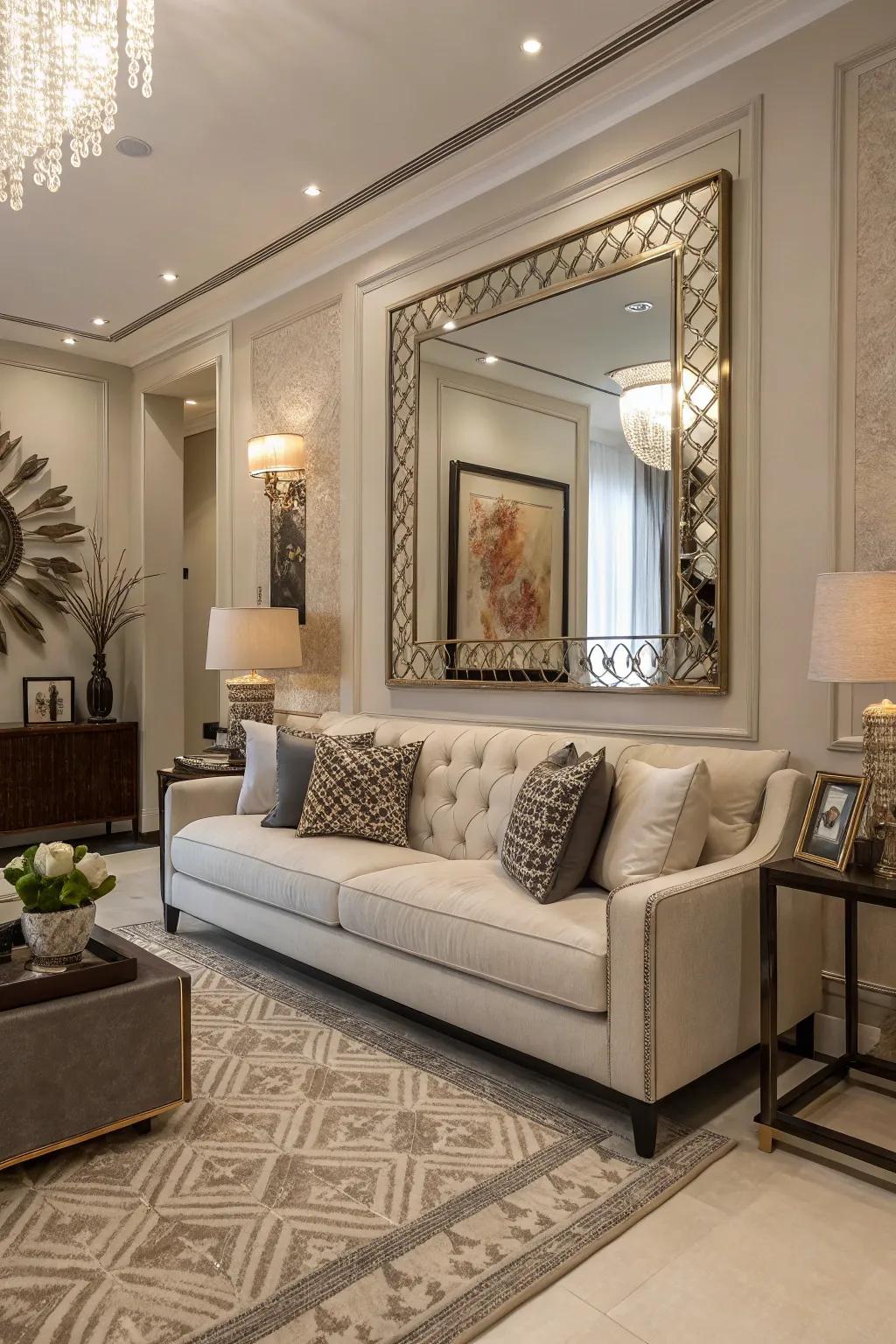 Elevate your space with a carefully placed mirror above the sofa.
