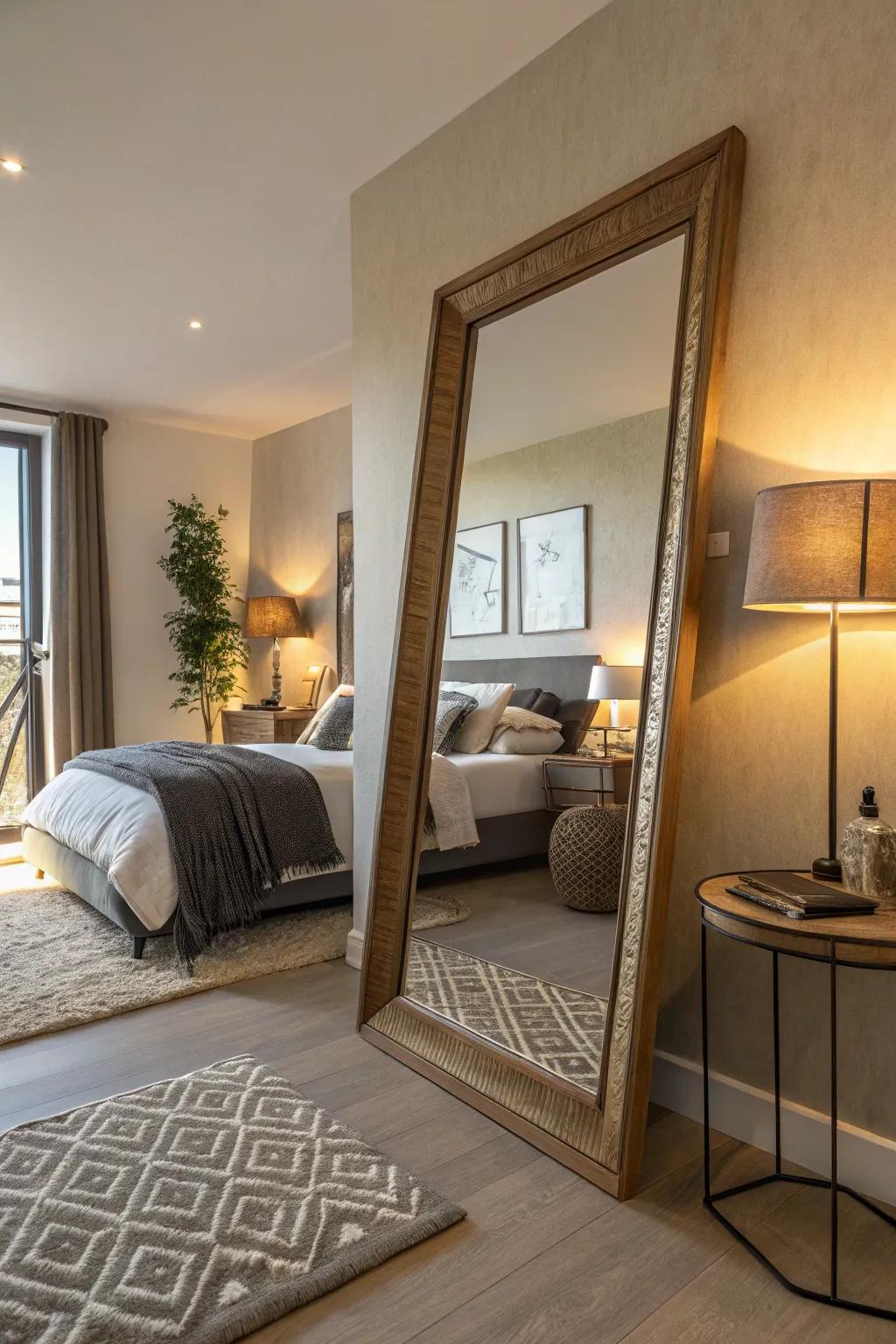 A generously sized leaning mirror can establish a striking focal point in any sleeping quarter.