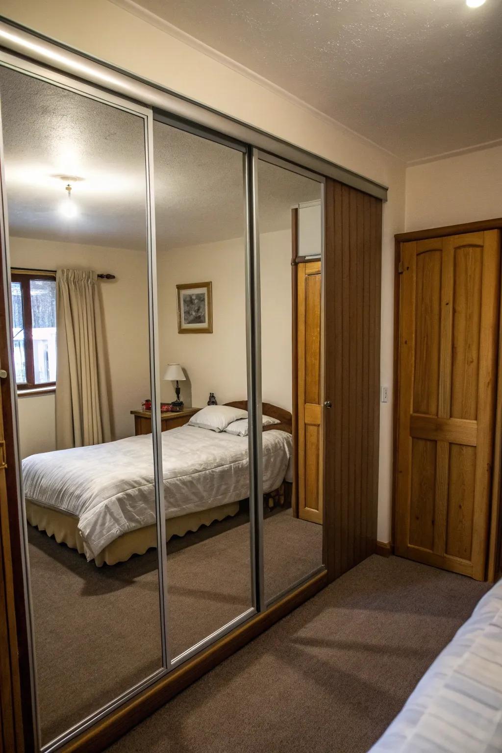 Reflective doors can make compact bedrooms seem larger.