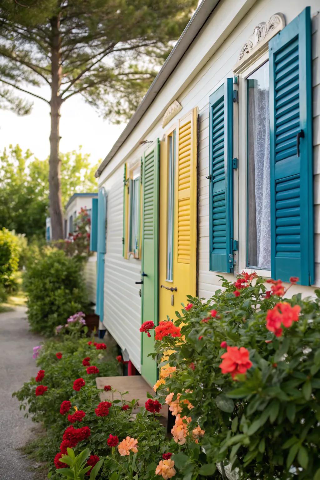 Vibrant window dressings injecting vitality into a mobile home's facade, creating an uplifting and energetic atmosphere.