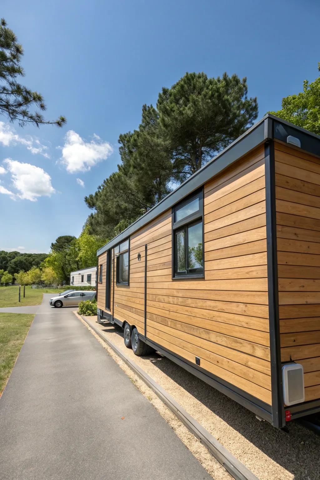 Horizontal timber boards deliver a contemporary twist to mobile home foundations.