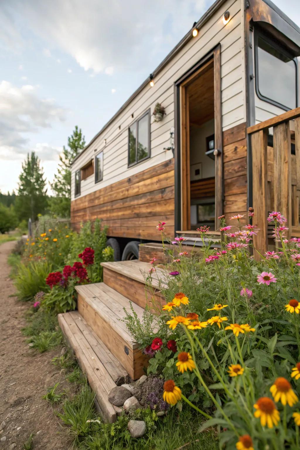 Repurposed wood skirting fills your mobile home with comforting, rustic elegance.