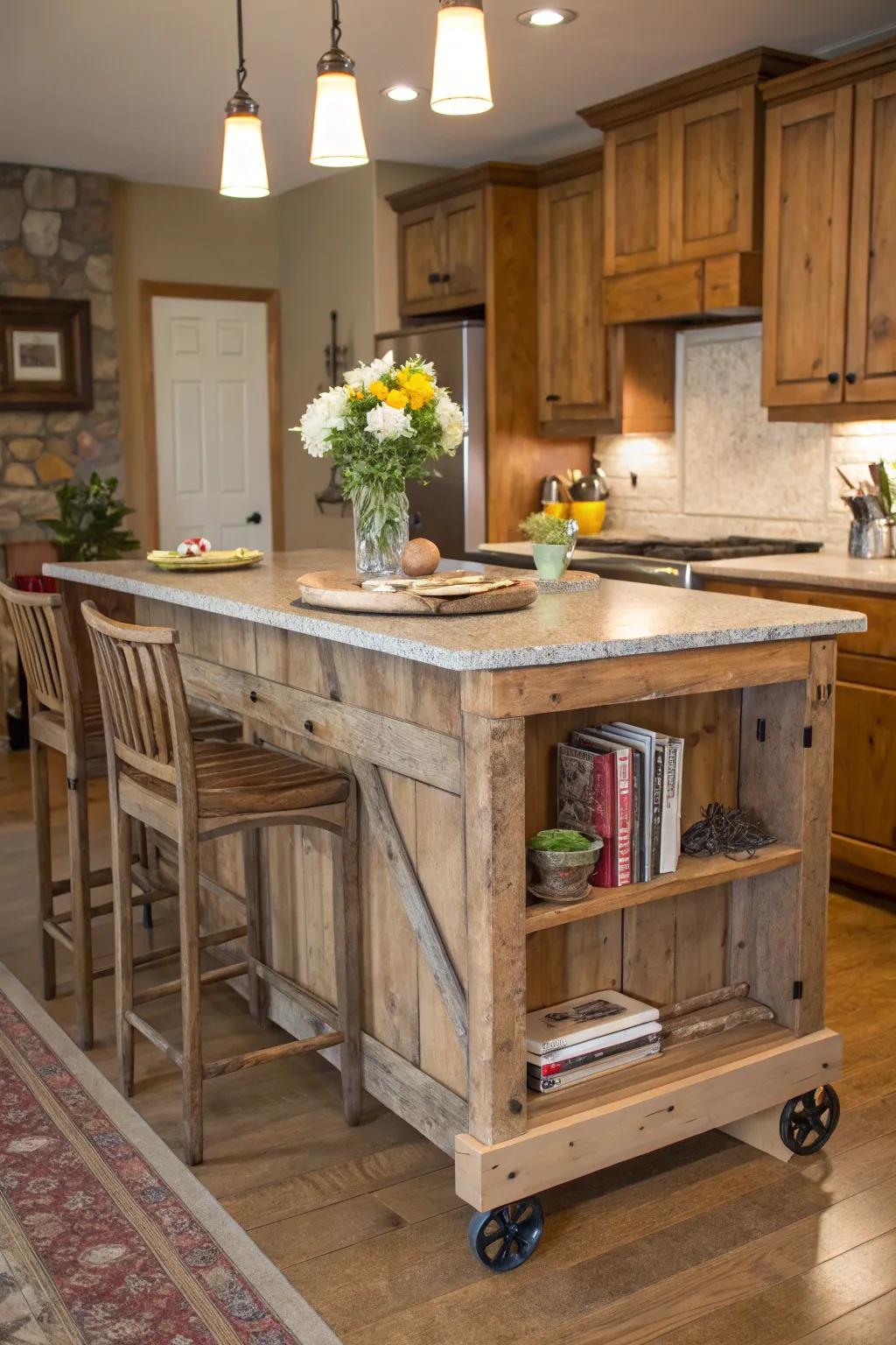 A country-style mobile island contributes farmhouse beauty to your kitchen.