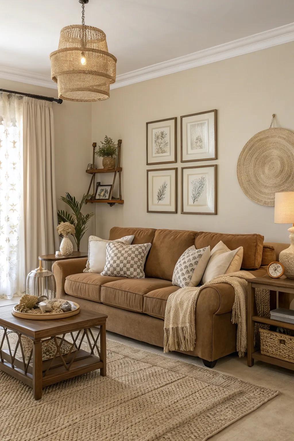 Earthy hues complement the vibrant cacao shade for a serene setting.