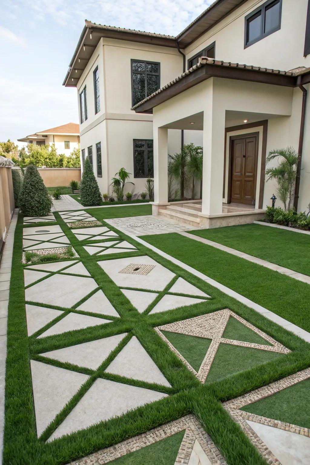 A symmetric design with artificial grass providing a balanced and polished appearance.