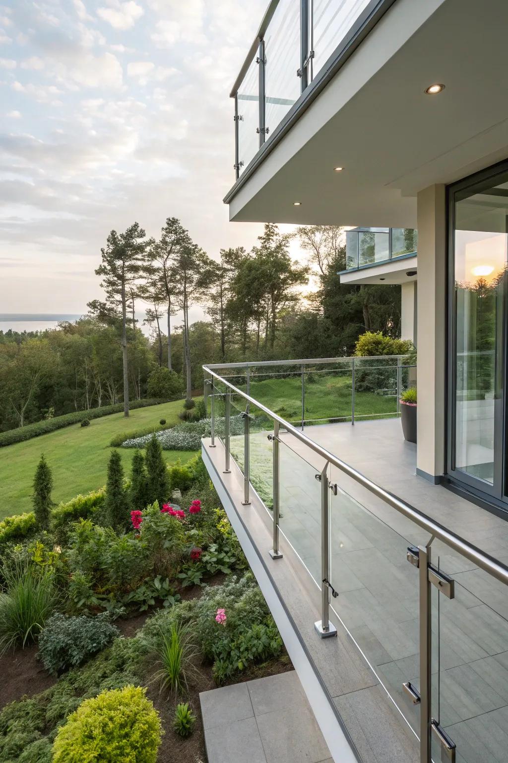Balcony with a fusion of crystal and alloy railings, overlooking a garden