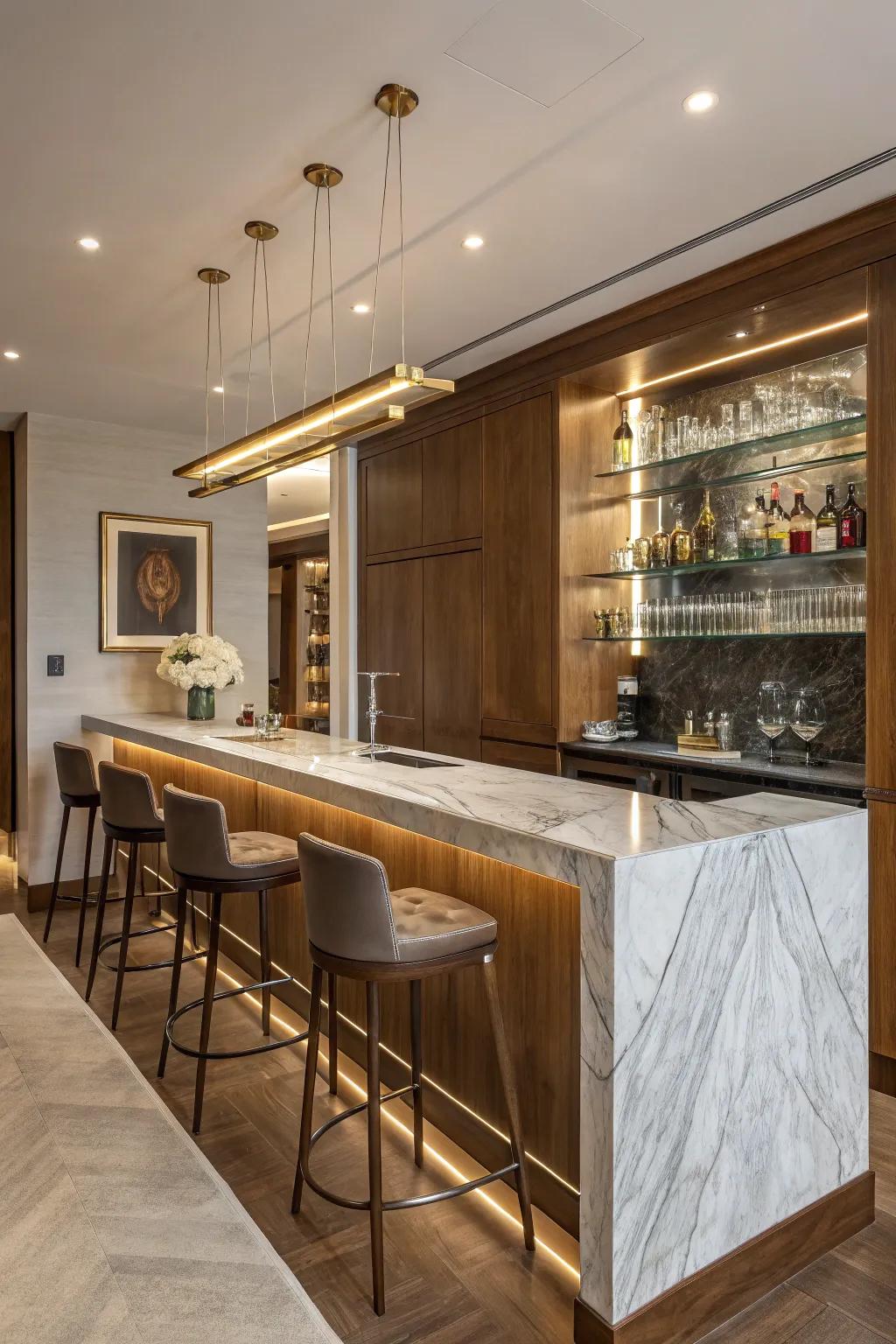 An extravagant home bar that features superior components.