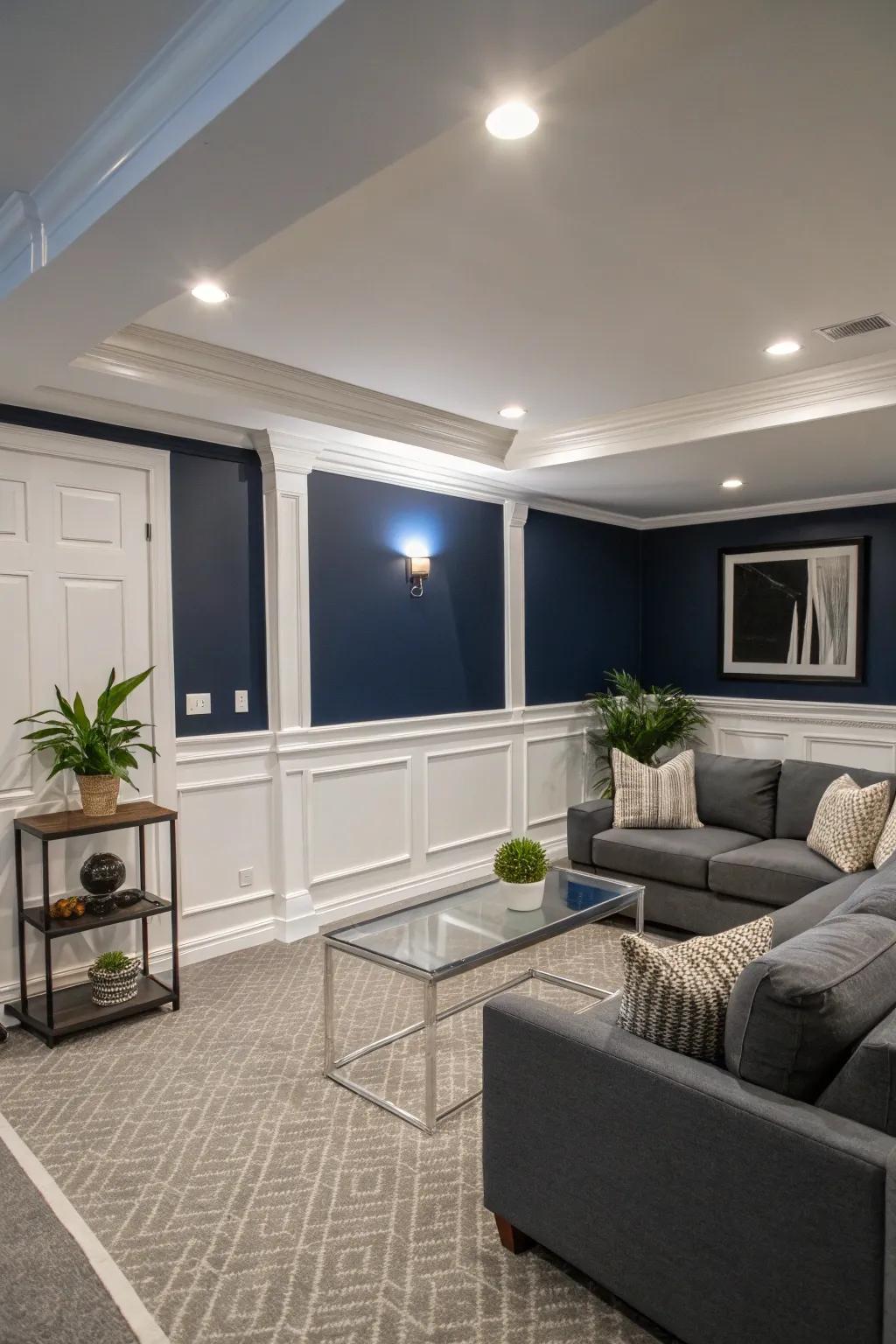 Deep sea blue infuses richness and sophistication into a modern basement.