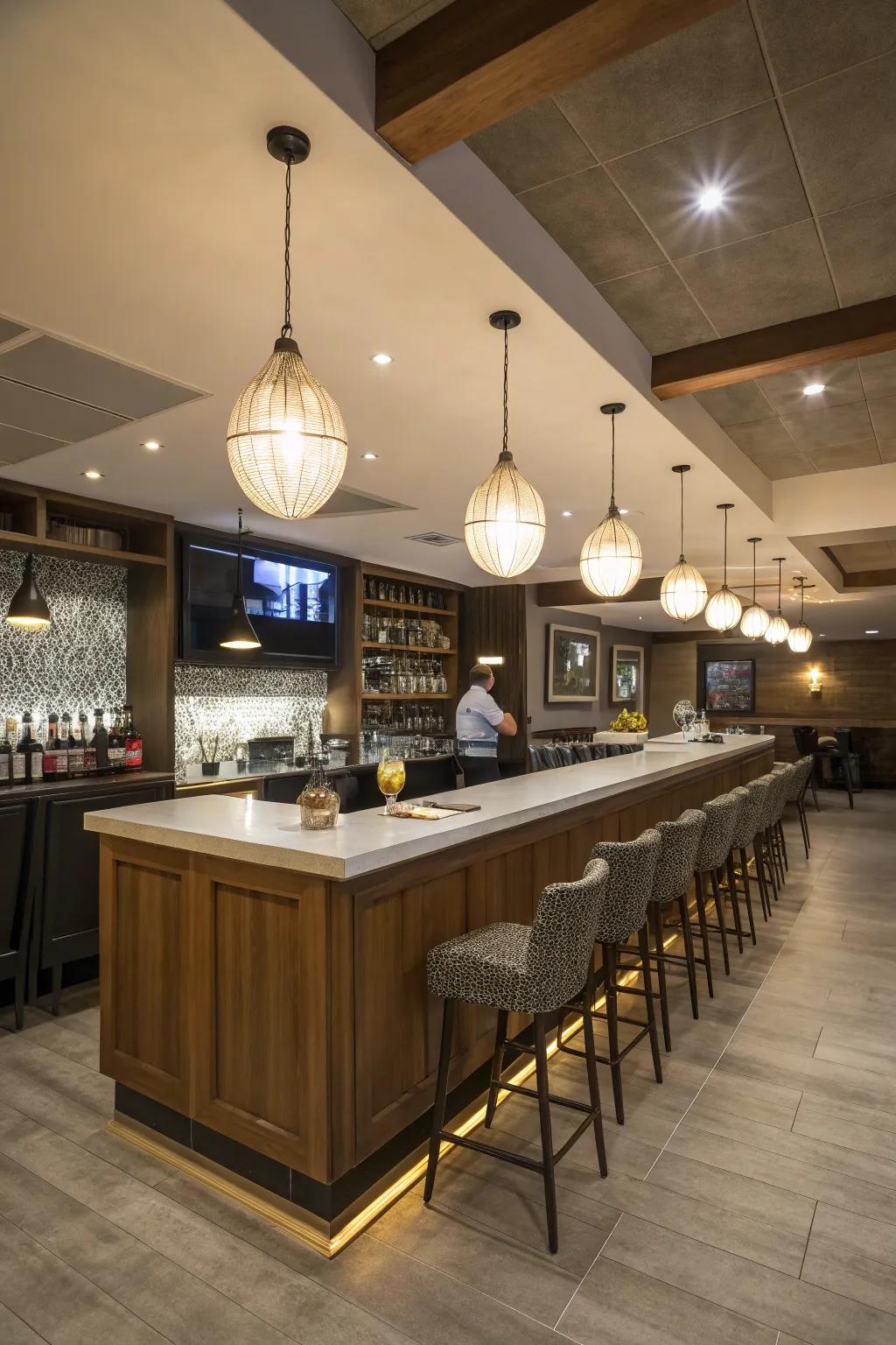 Refined drop lights contribute a layer of sophistication to the lower level bar area.