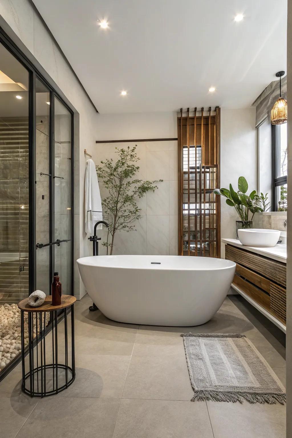 A stand-alone soaking tub takes center stage in this updated bathroom.