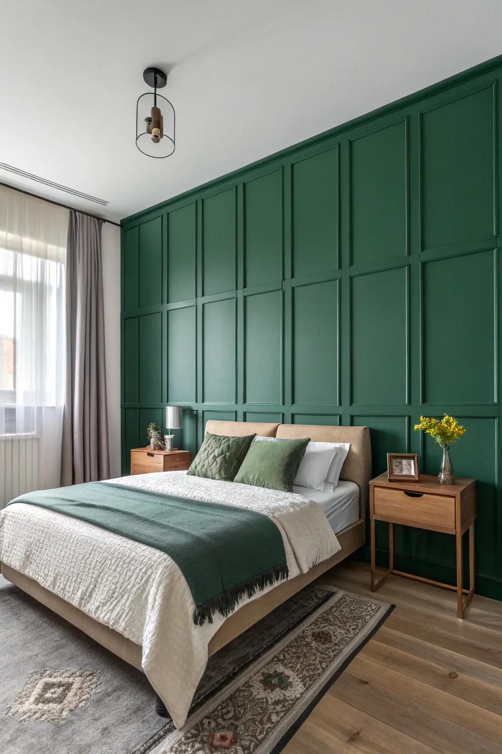 Vivid shade pops using deep emerald panels create a compelling focal point.