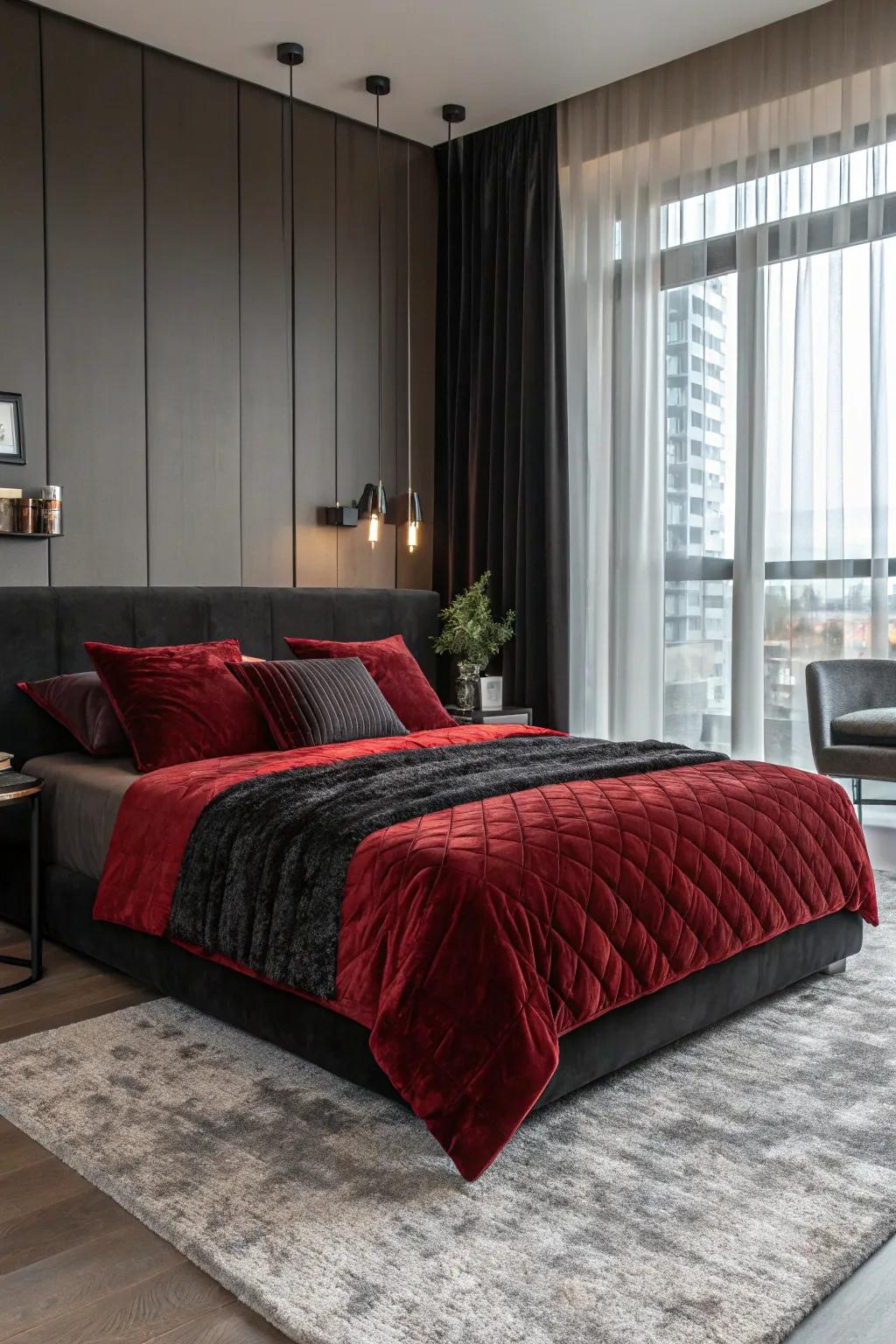 Velvet linens add a luxurious element to the black and red decor.