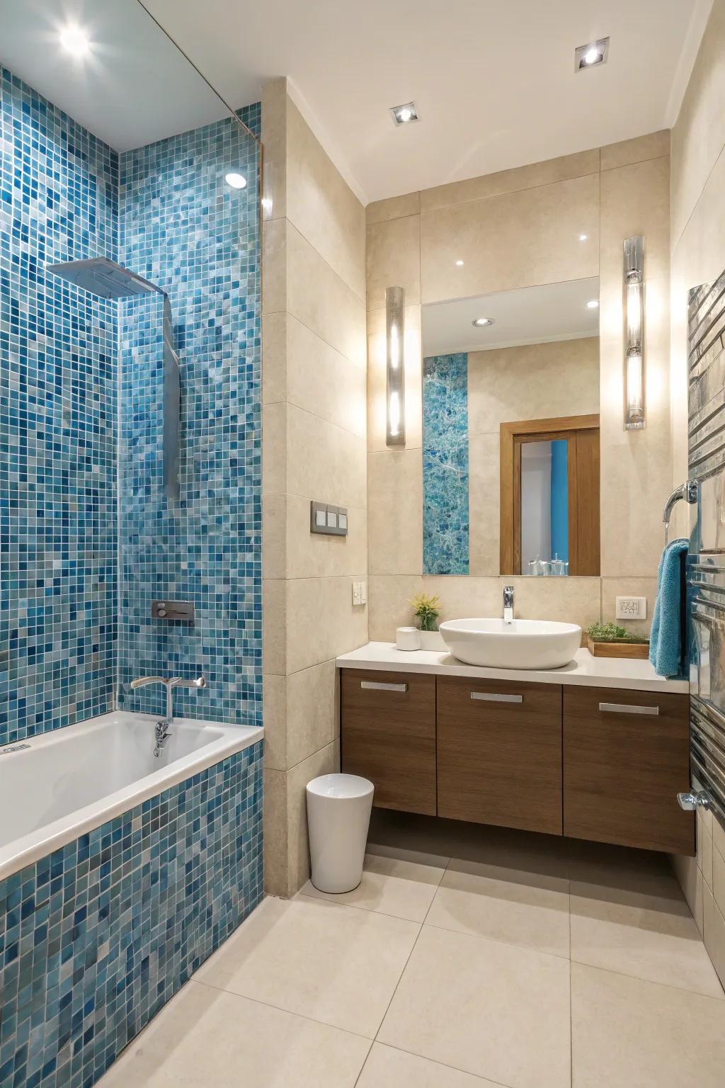 Azure mosaic fragments establish a compelling focal attraction in this contemporary bathroom.