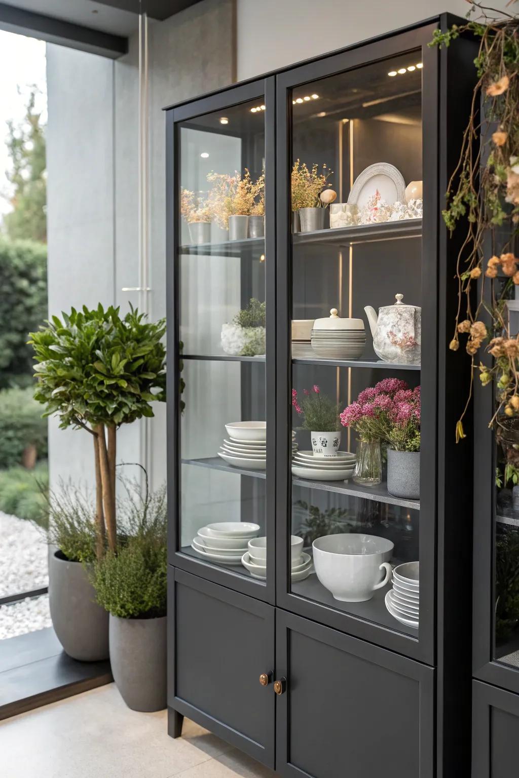 Nature-inspired modern china cabinet display.