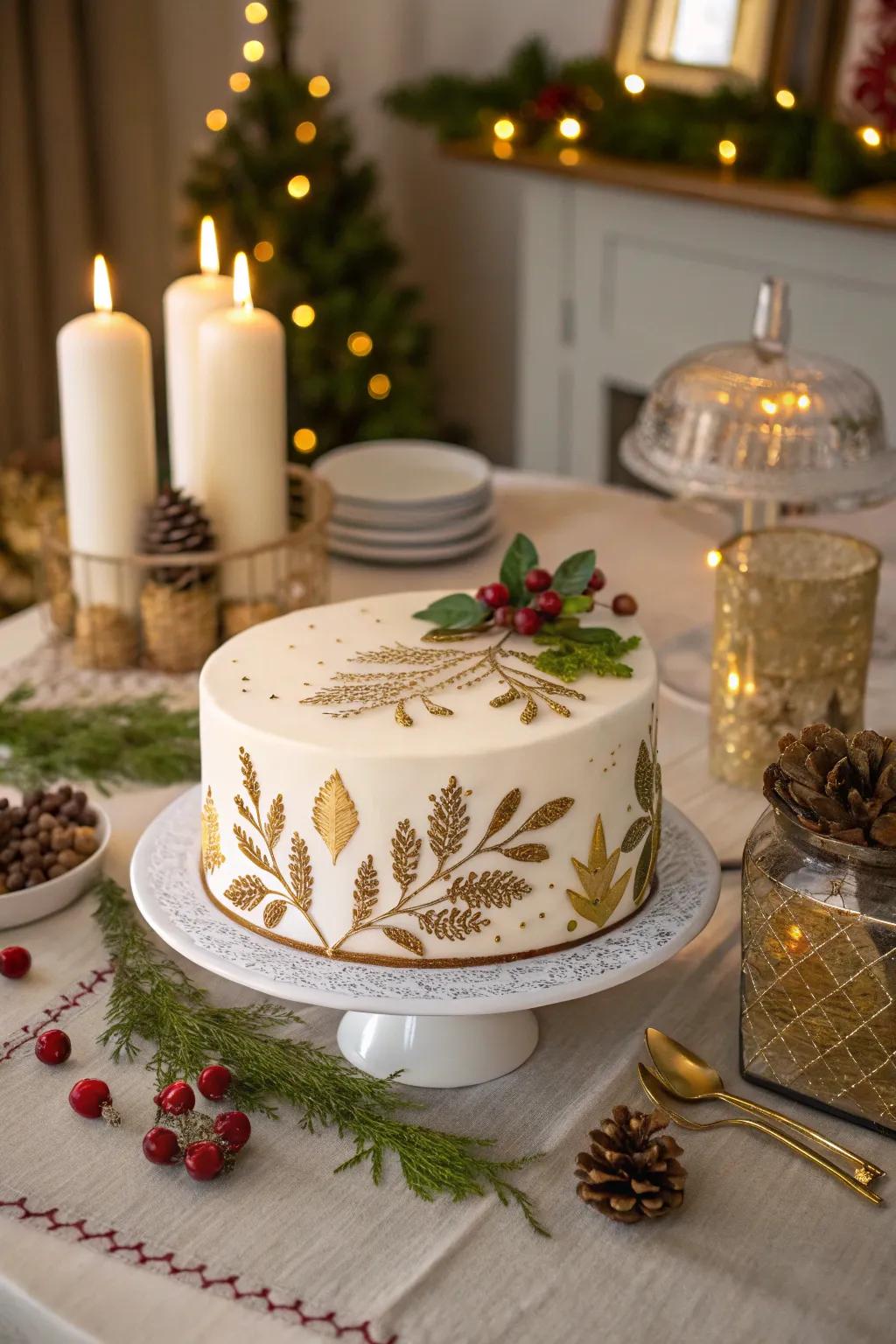 A yuletide cake featuring refined golden details