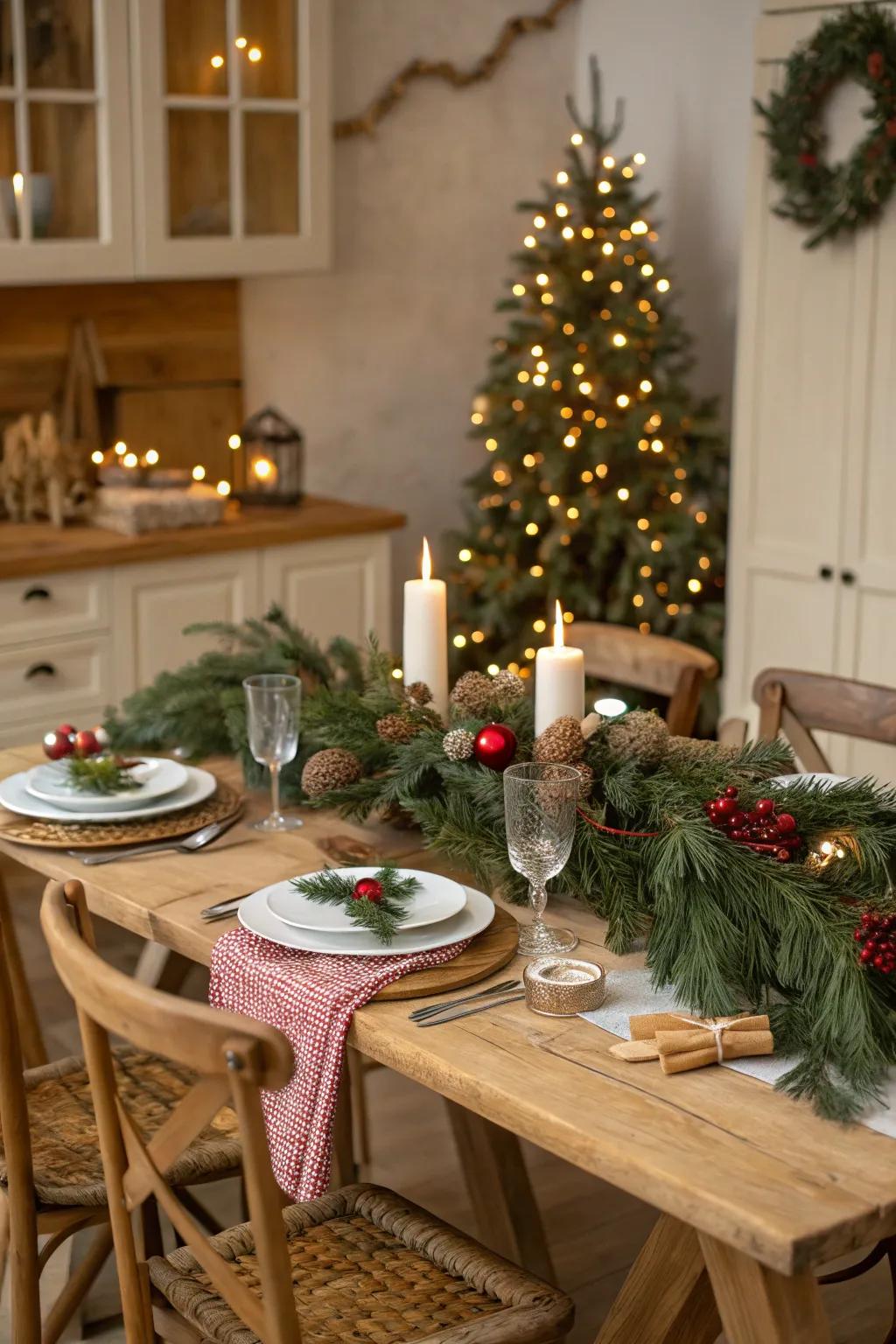 A Christmas table scene decorated with authentic evergreen sprigs and wreaths.
