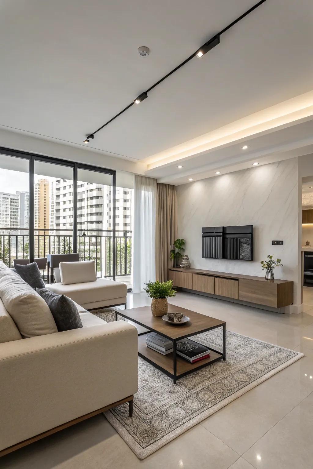 Streamlined furniture maintains a sleek and sophisticated space.