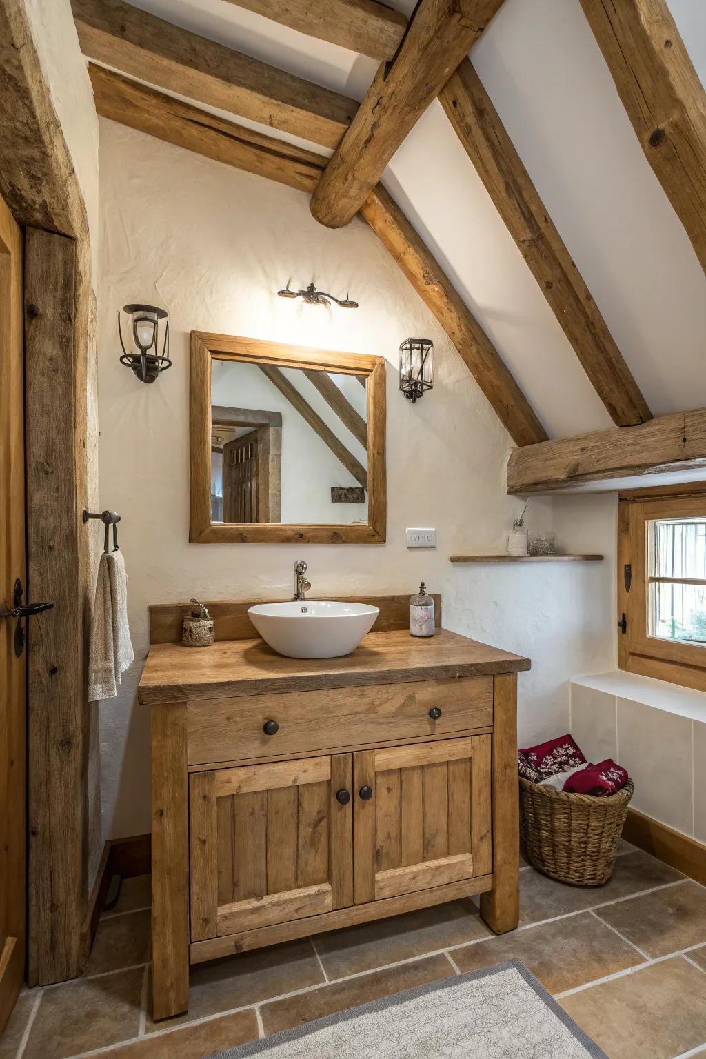 Distressed wood features offer warmth and depth to the lavatory.