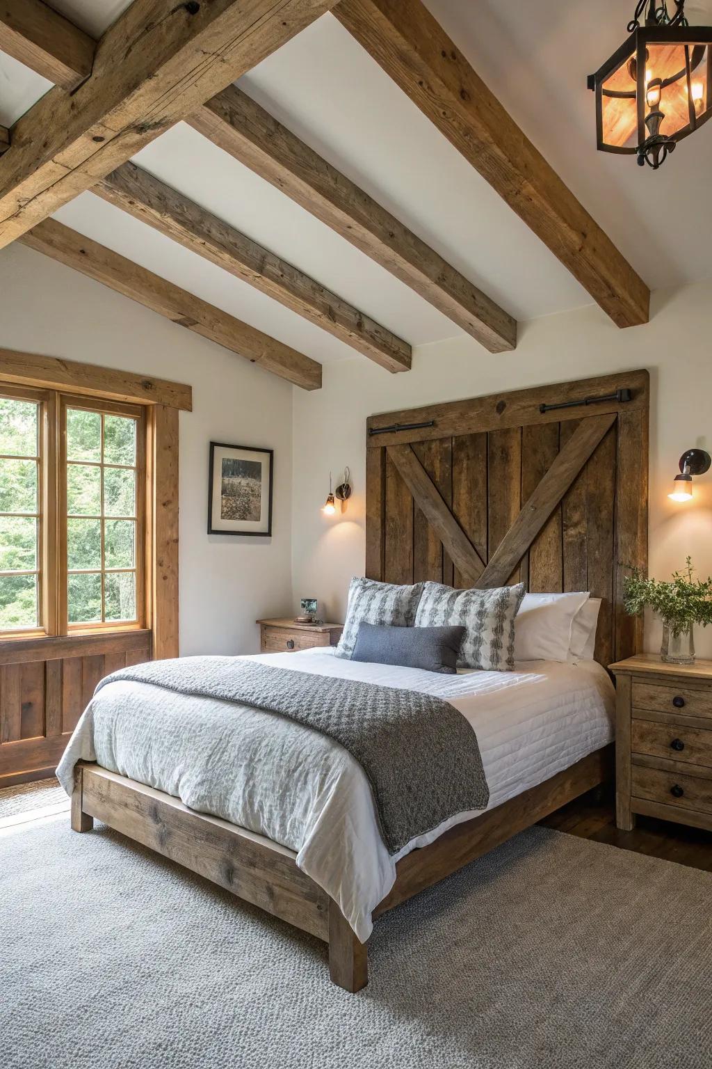 Natural wood details highlight the farmhouse appeal of this inviting guest bedroom.