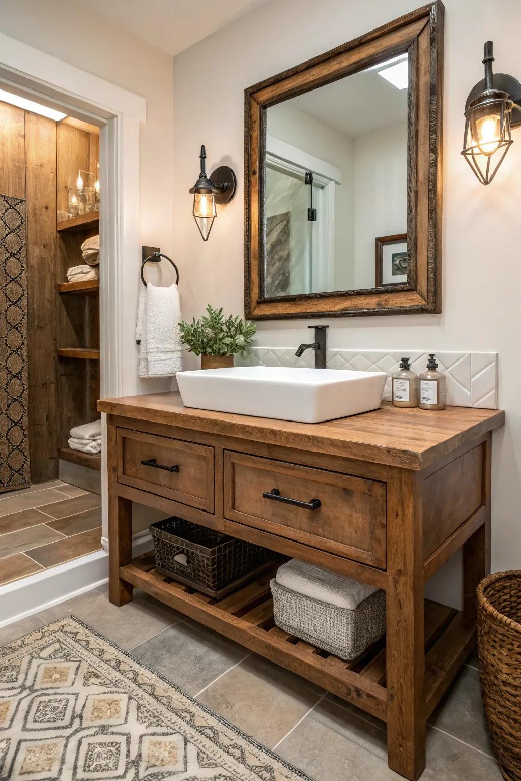 A reclaimed wooden vanity in a modern farmhouse powder room.