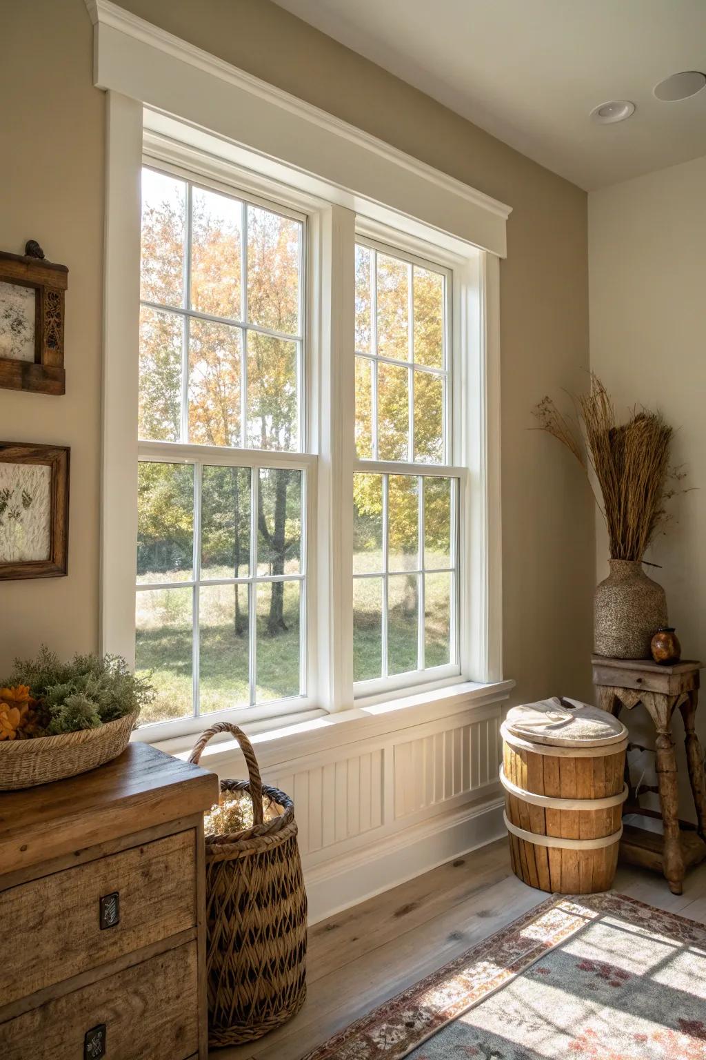 White window trim brightening a modern farmhouse interior.