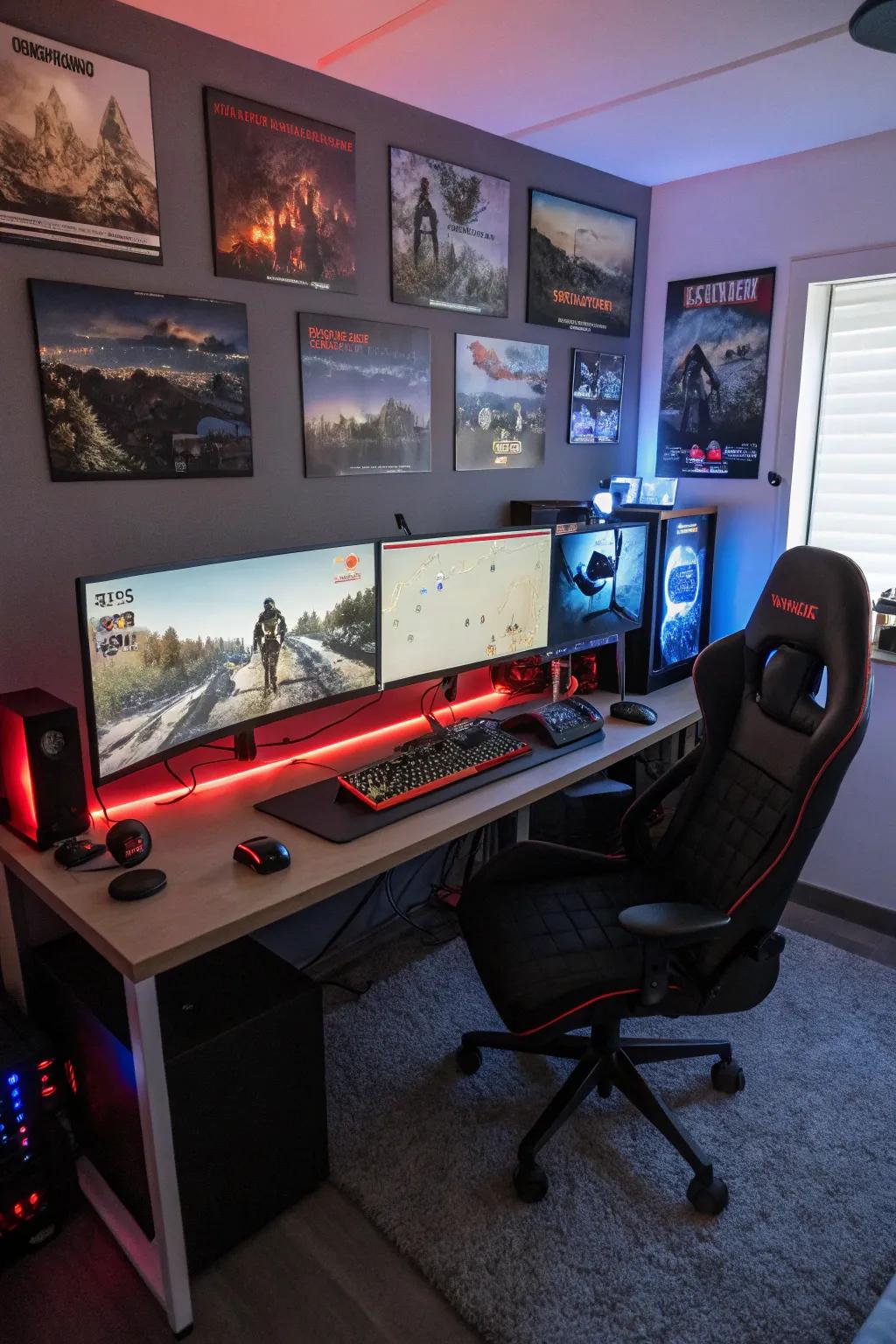 A gaming bedroom showcasing a multi-screen configuration and user-friendly desk.