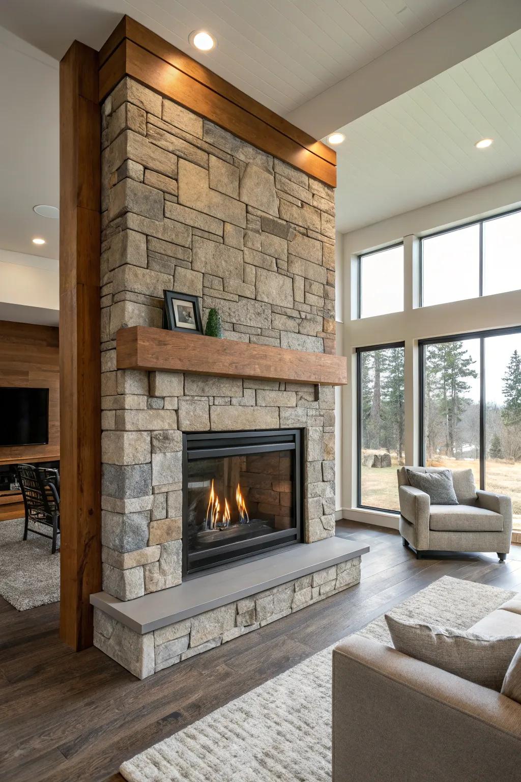 A gas fireplace showcasing contrasting materials for added texture.