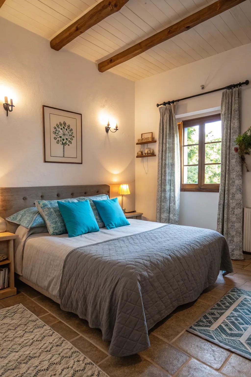 Bring a spark of color to your bedroom with vibrant azure cushions against pewter linens.