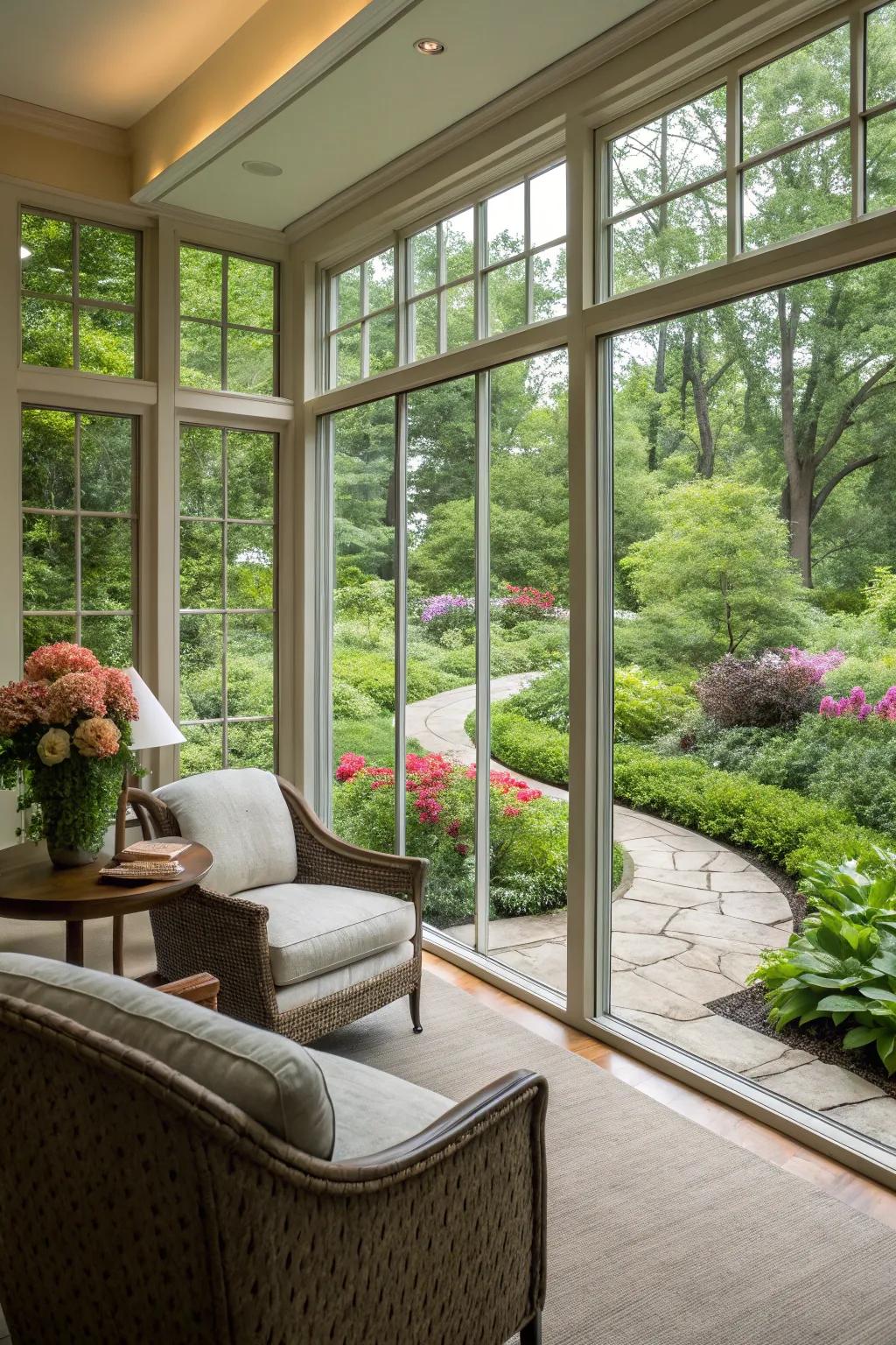 A luminous room featuring large windows that merge indoor and outdoor environments.