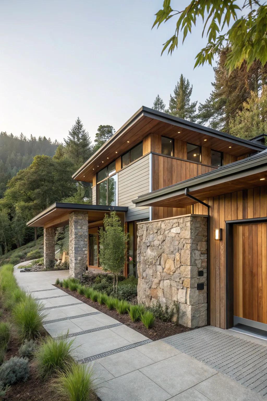 A modern house exterior that masterfully incorporates nature-inspired materials.