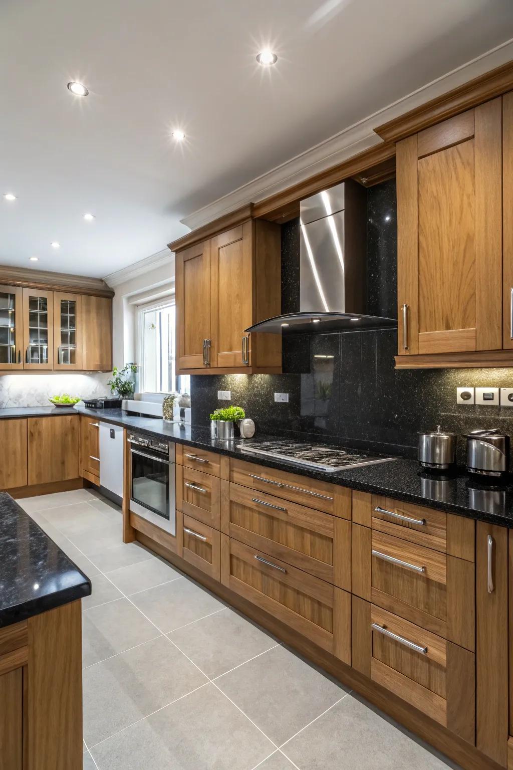 Deep-toned countertops exquisitely enhance the cozy undertones of paneled-oak cabinets.