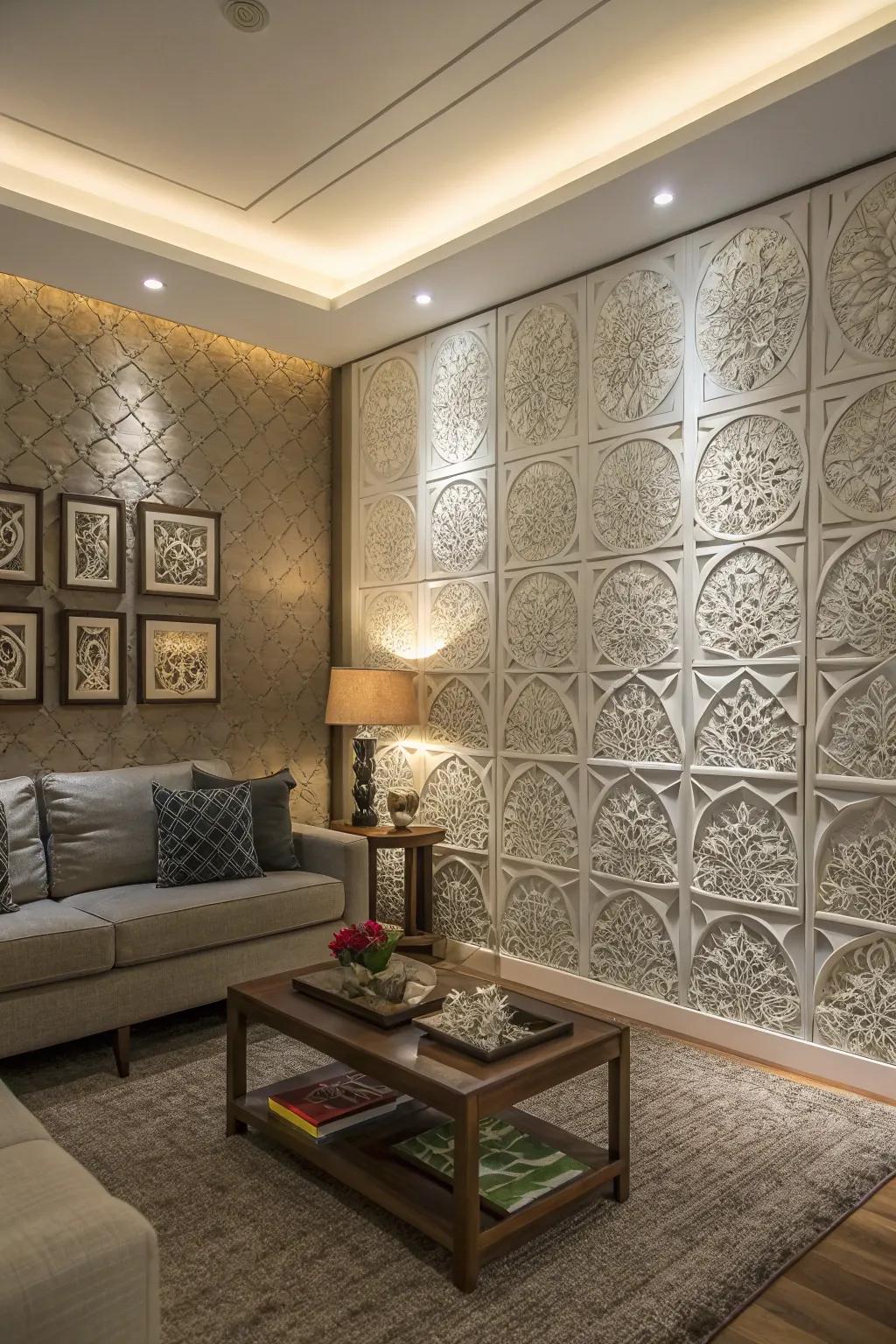 Structured wall segments add profoundness and grace to a modern living space.