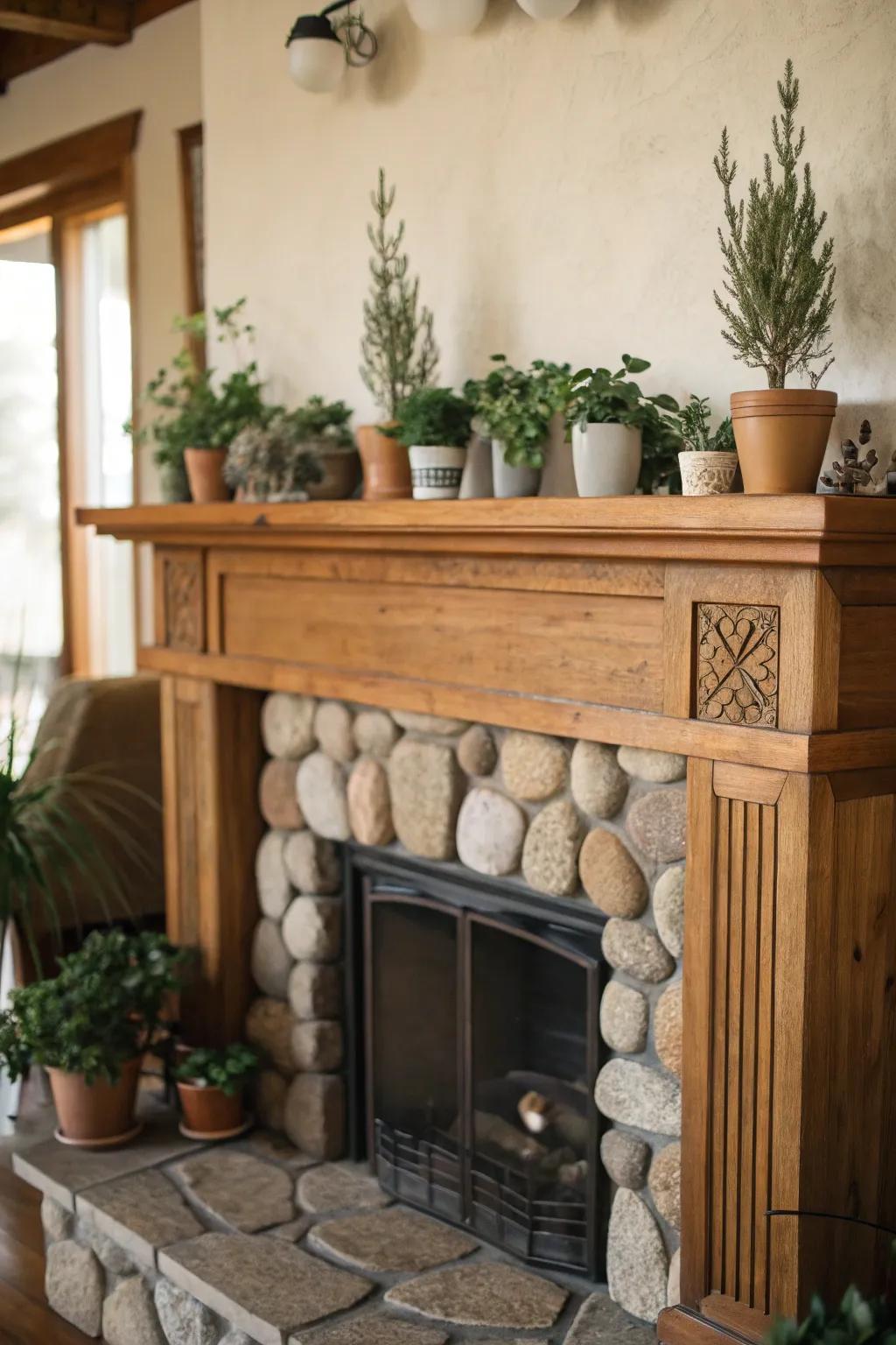 Natural elements like wood and stone bring warmth to a modern mantel.
