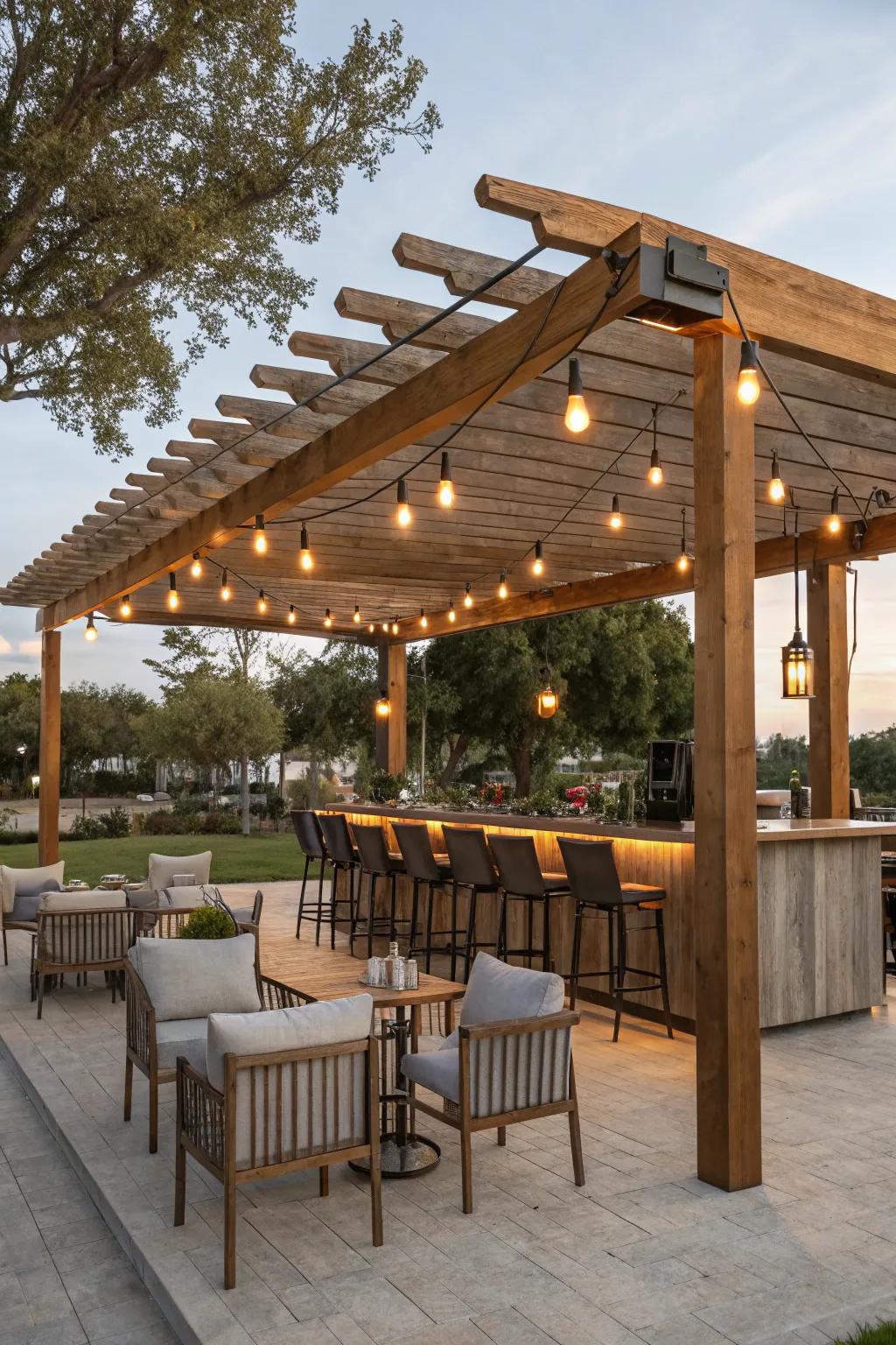 An inviting pergola-covered bar area perfect for sunny days.